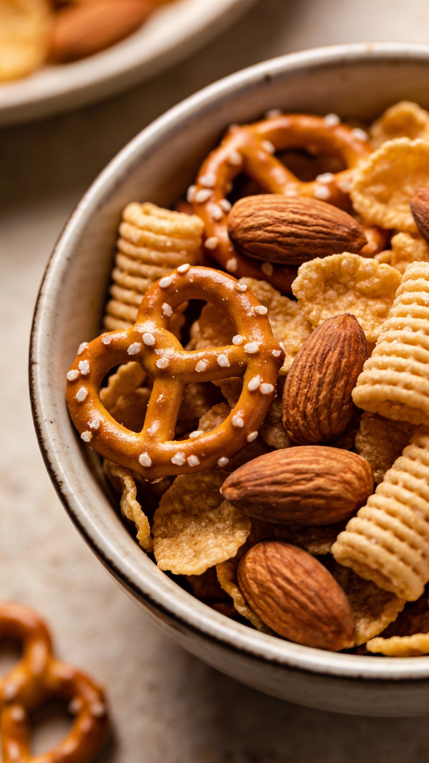 Homemade snack mix bowl with pretzels, almonds, cereal