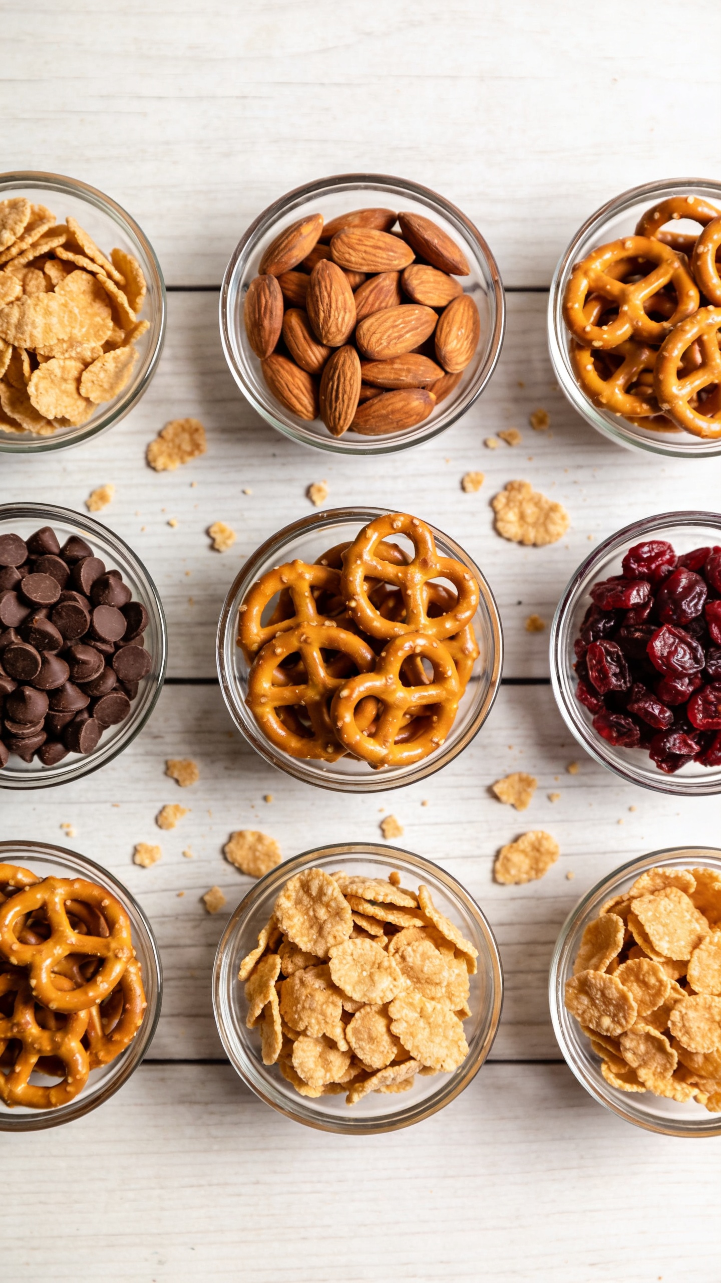 Overhead flatlay: DIY snack mix ingredients in small bowls