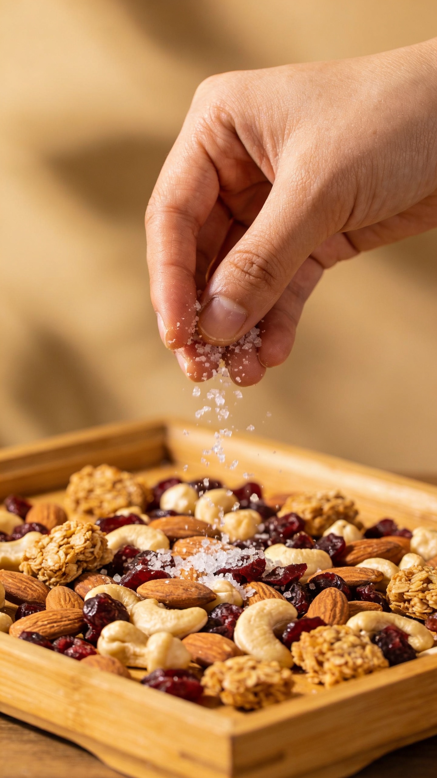 Hand sprinkling sea salt over fresh trail mix on tray