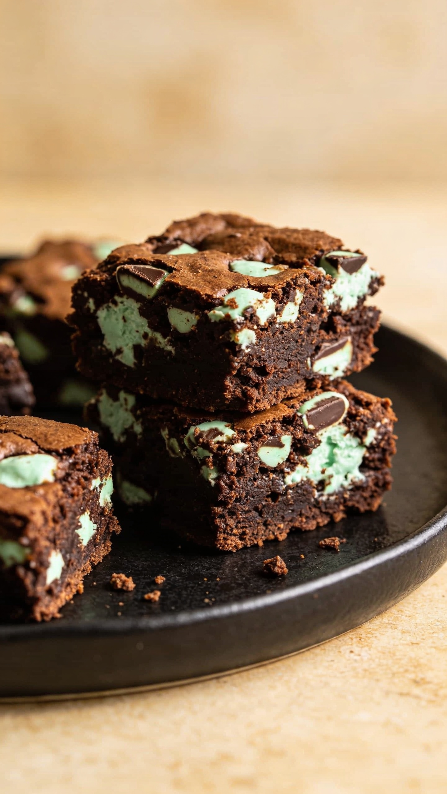 mint chocolate chip brownies on matte black plate