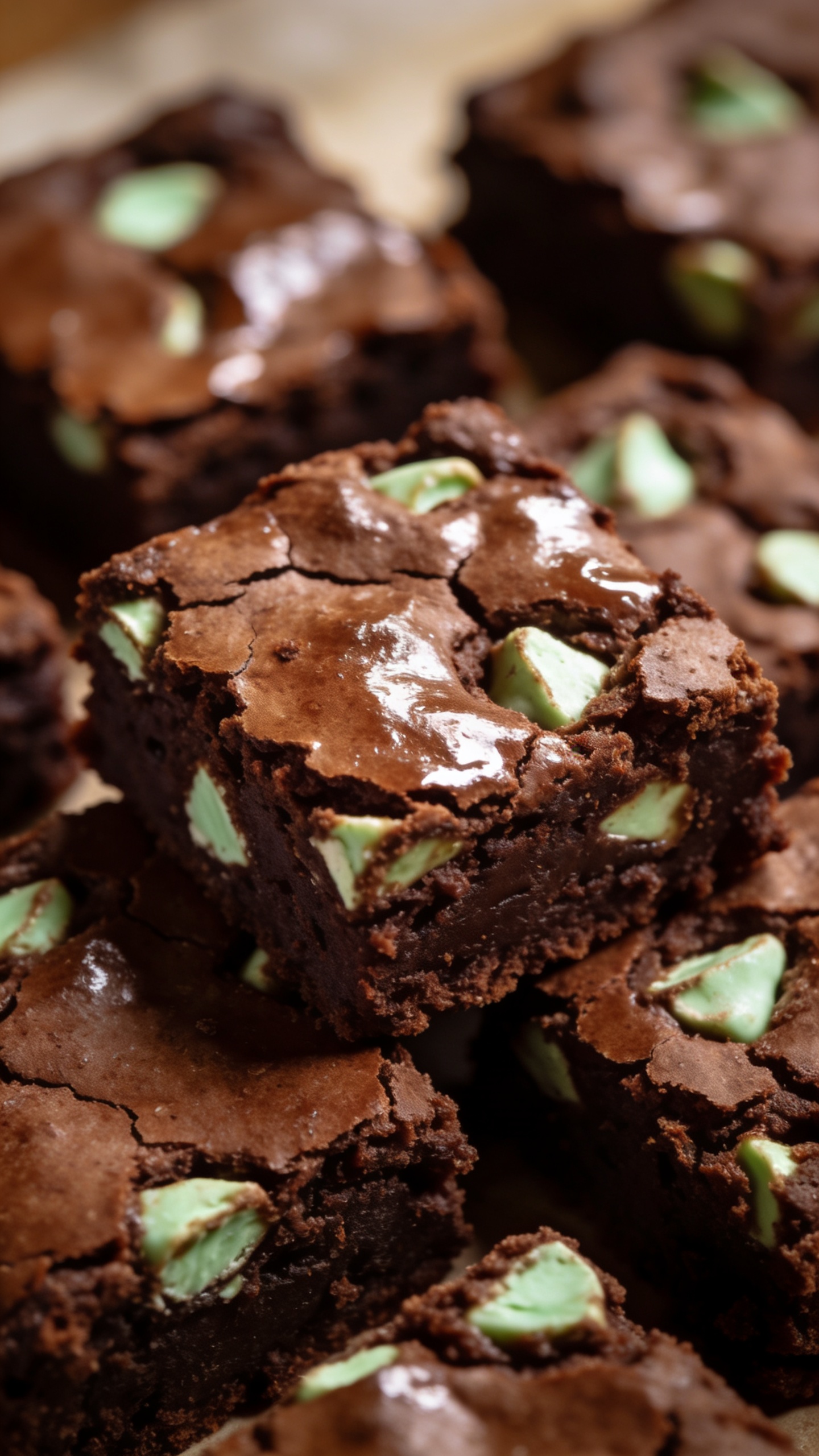 fudgy brownies with mint chips, close-up, glossy crumb