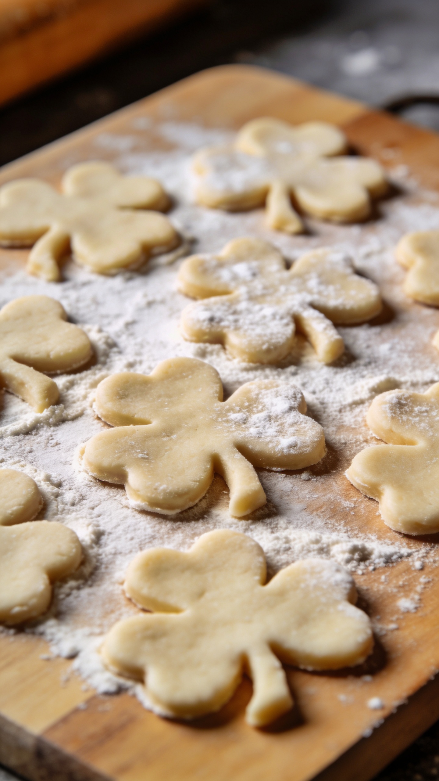 raw shamrock dough cutouts on floured board, top-down