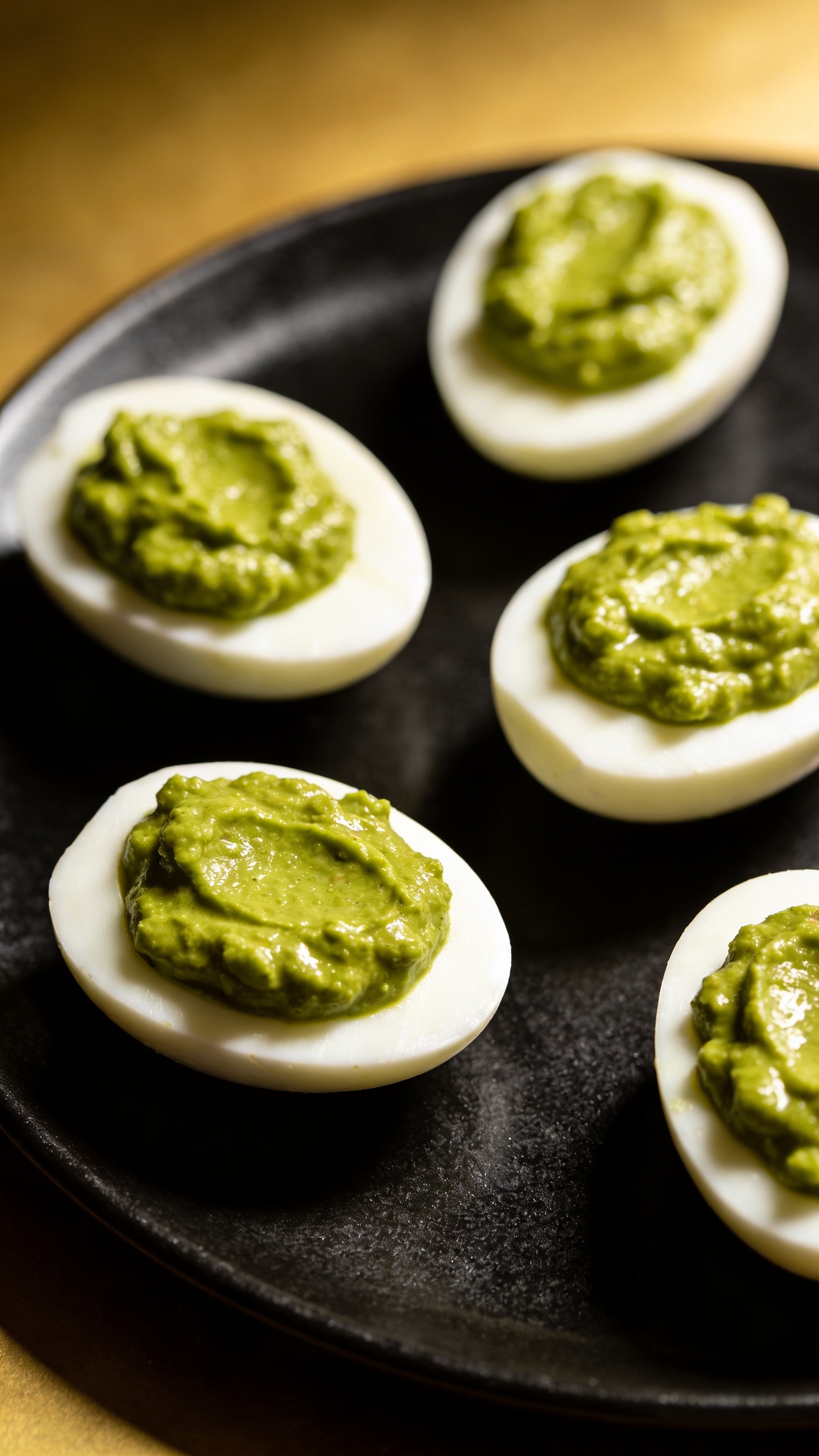 green deviled eggs on matte black platter, overhead lighting