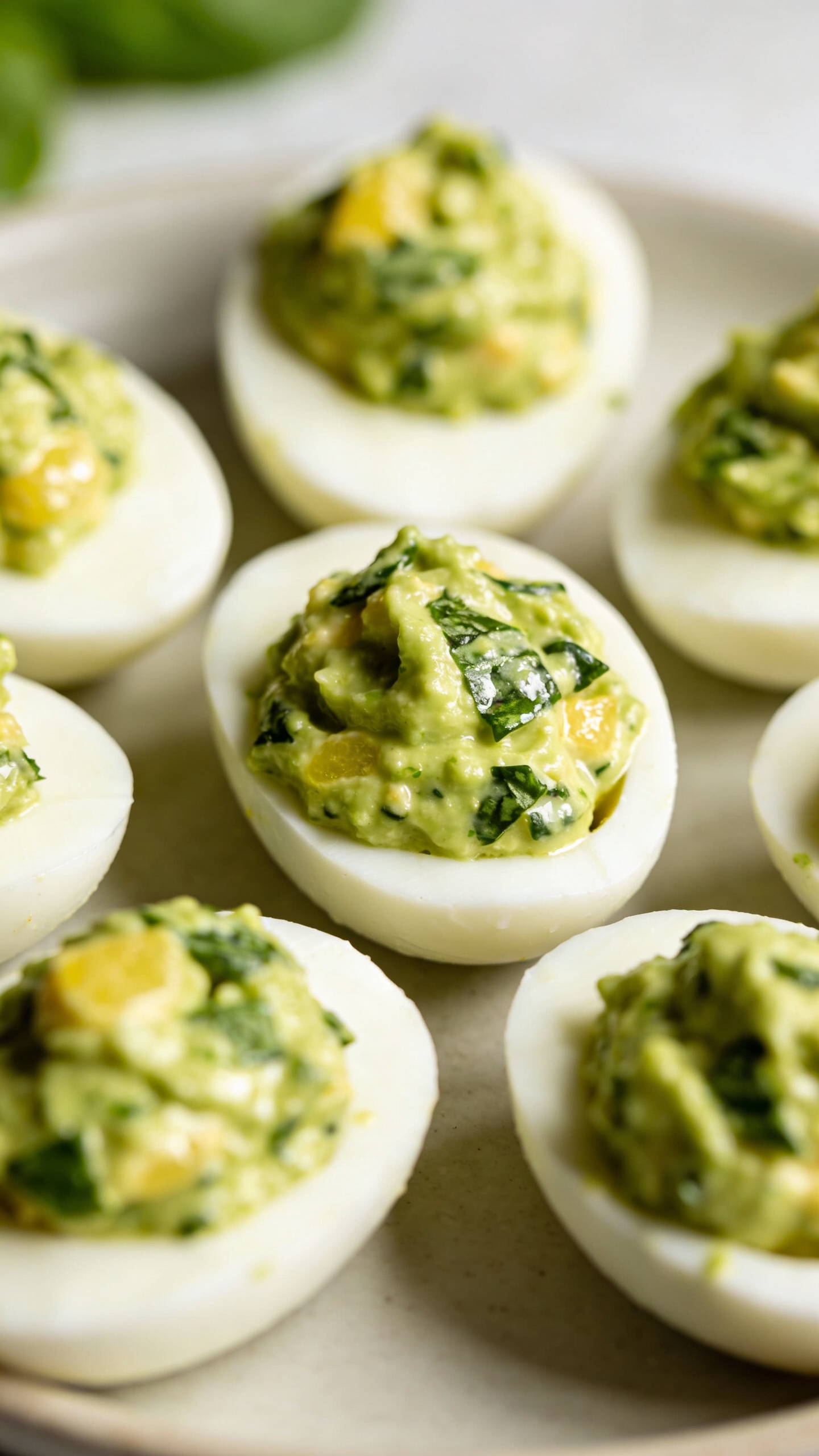 basil-lemon green deviled eggs, close-up, soft natural light