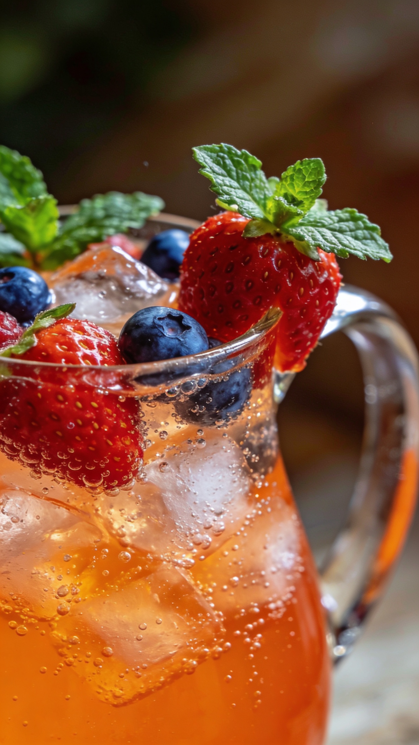 Sparkling orange punch in pitcher, berries and mint garnish