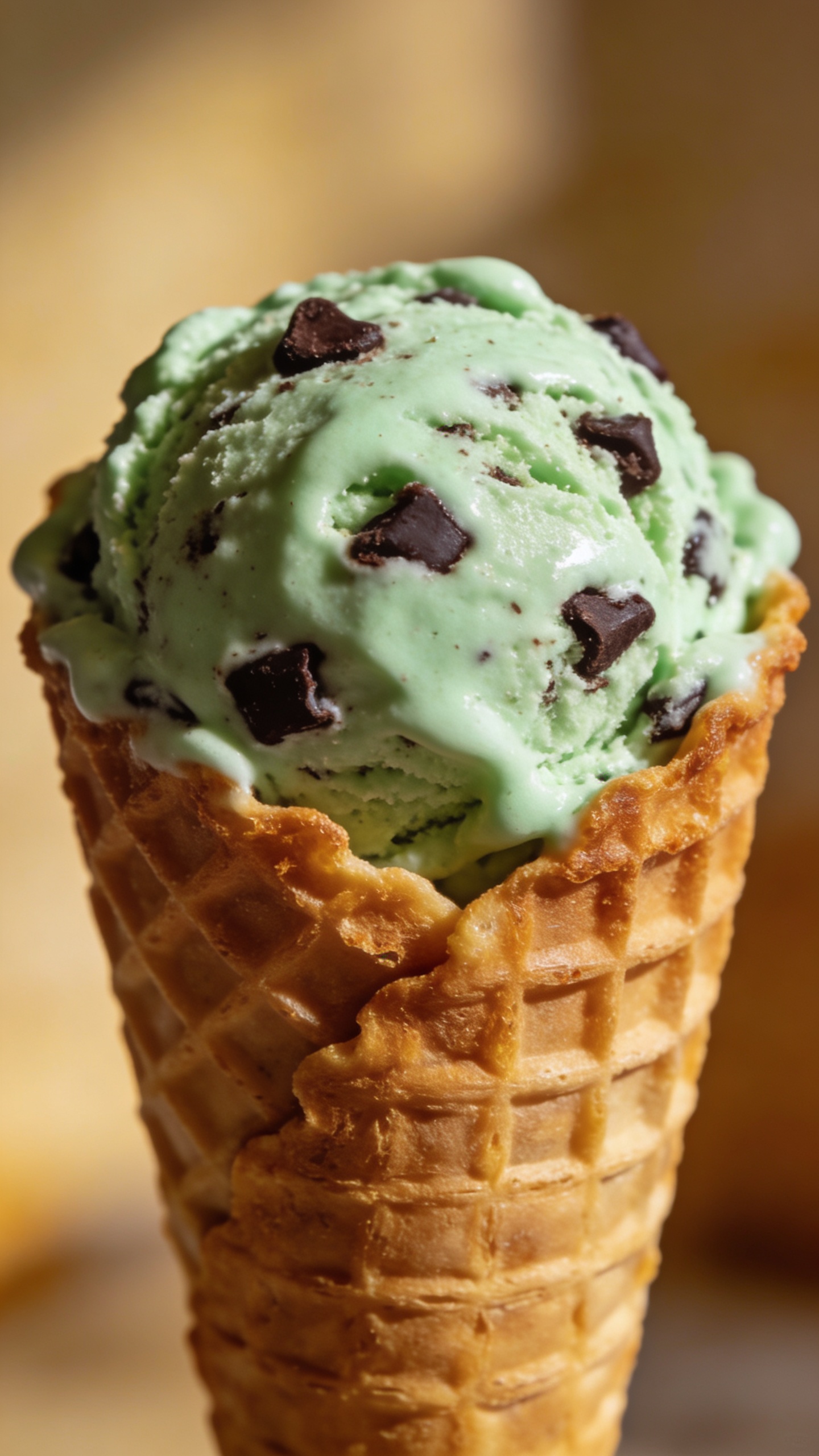 Homemade mint chocolate chip ice cream in waffle cone