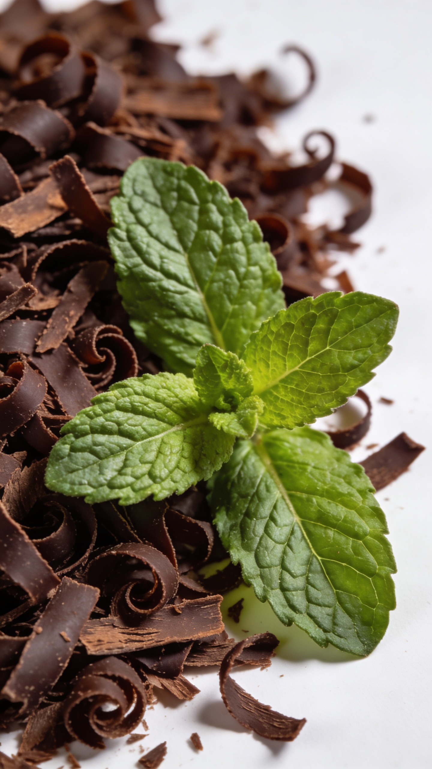 Fresh mint leaves beside dark chocolate shavings, overhead