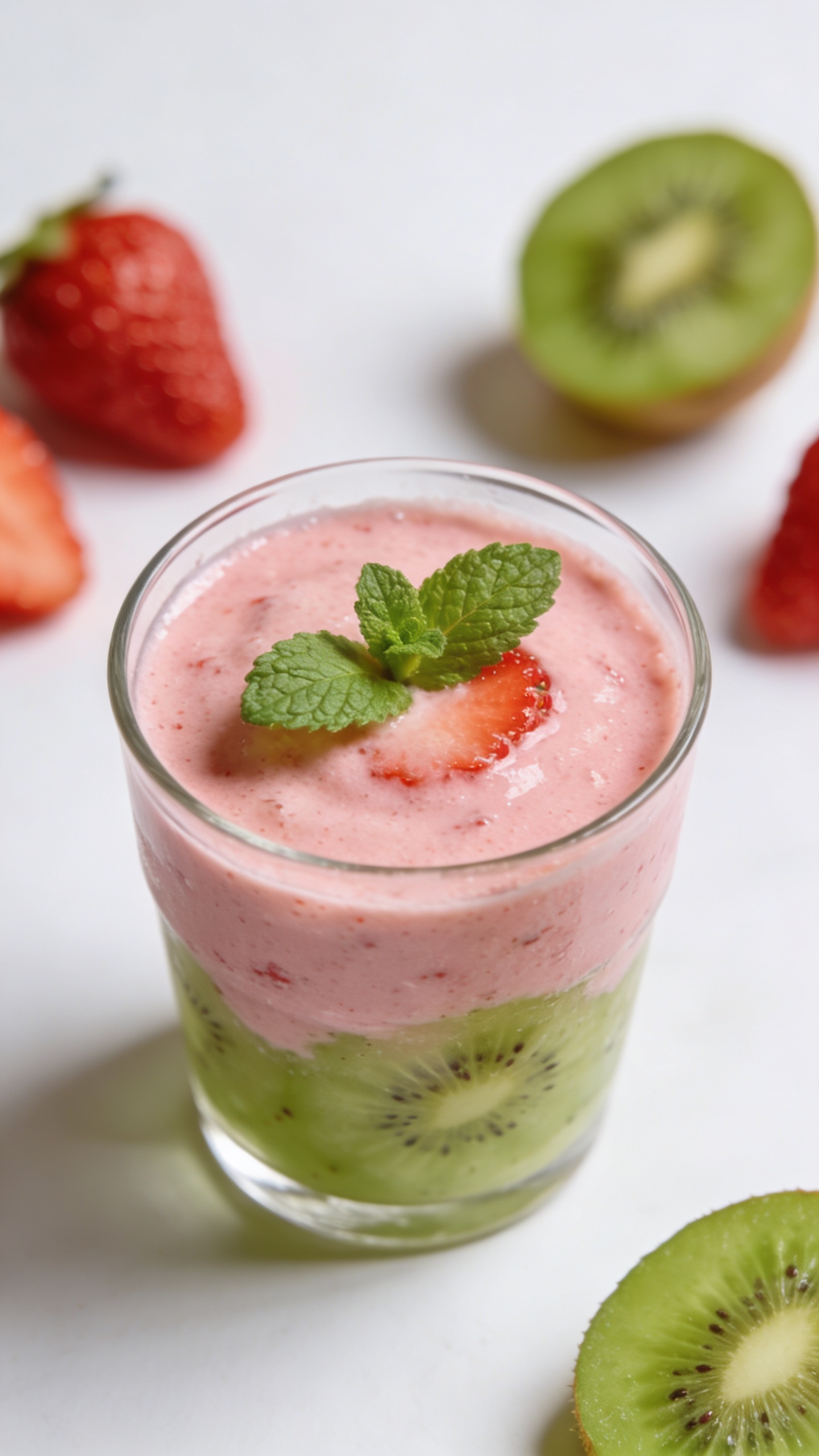 creamy strawberry kiwi smoothie with mint garnish, white backdrop