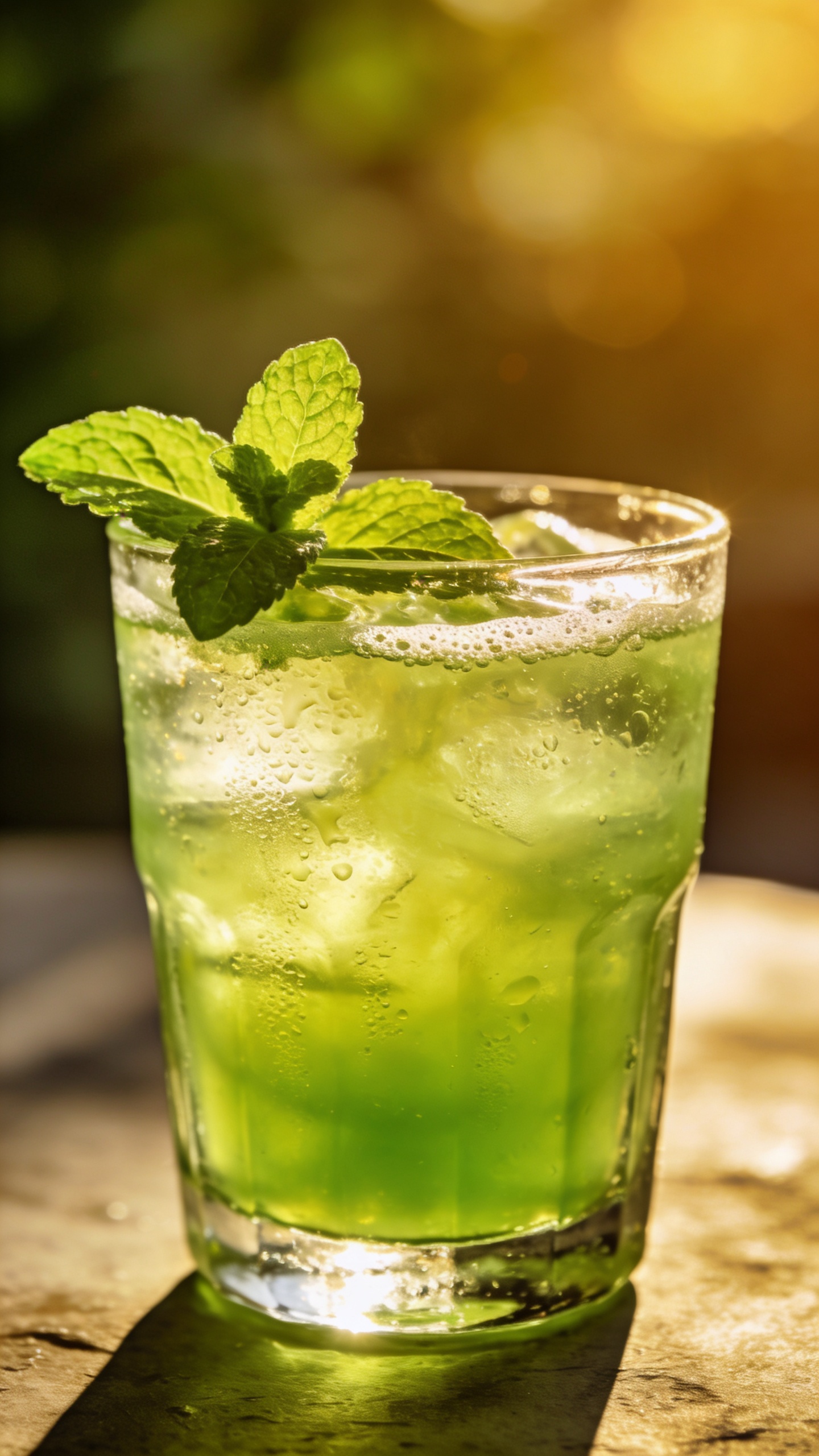 Green lemonade in clear glass, fresh mint garnish, backlit