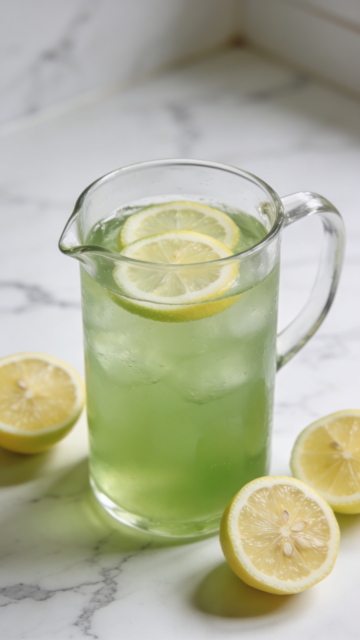 Pitcher of green lemonade with lemon slices on marble