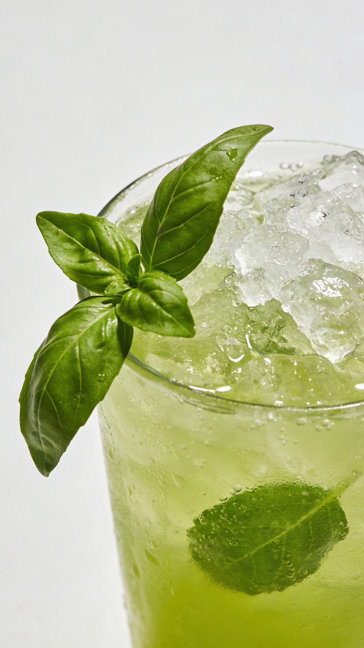 Close-up green lemonade with basil sprig and crushed ice