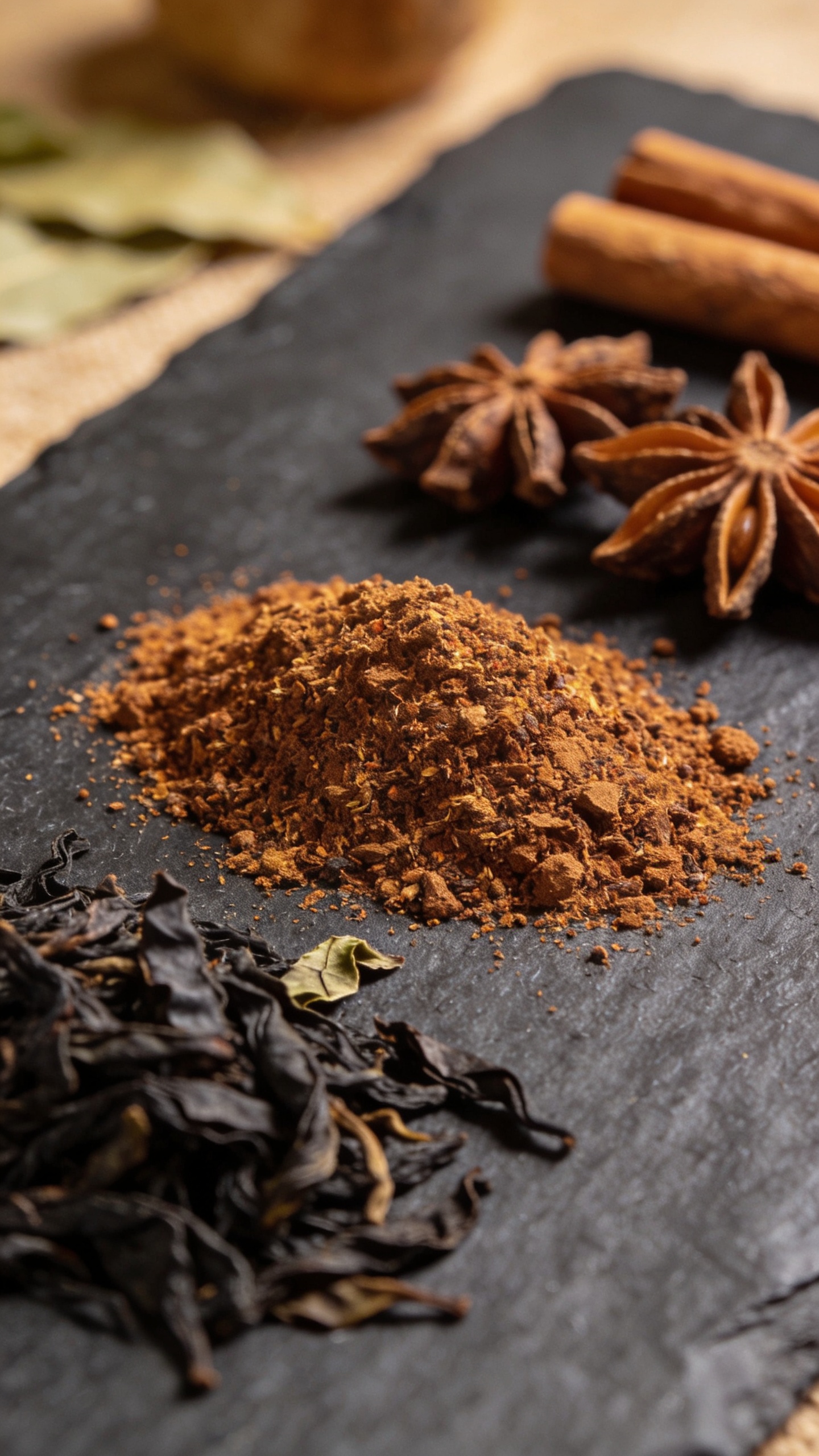 close-up tea spices and black tea leaves on slate