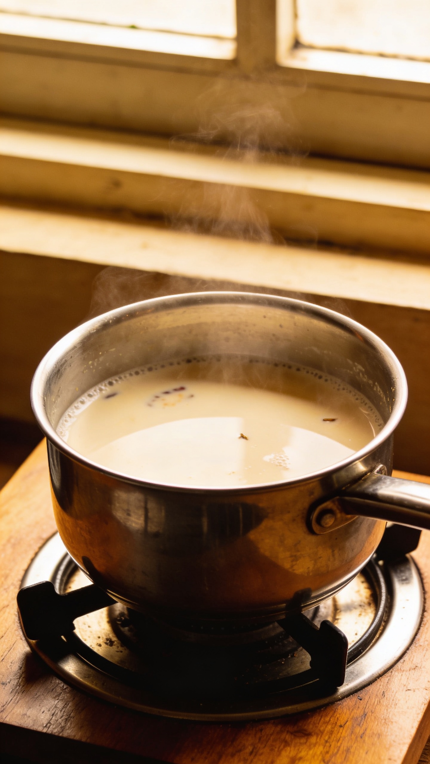 saucepan simmering masala tea with milk, soft window light
