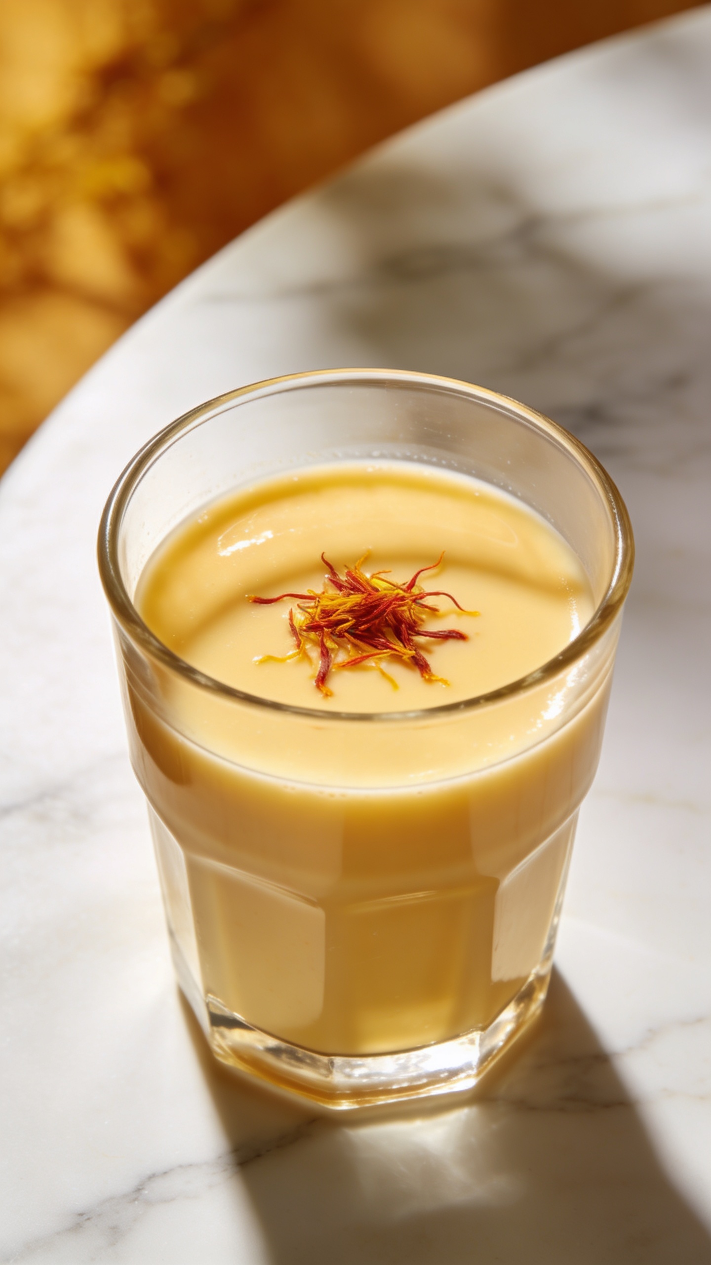 saffron almond milk in clear glass on white marble