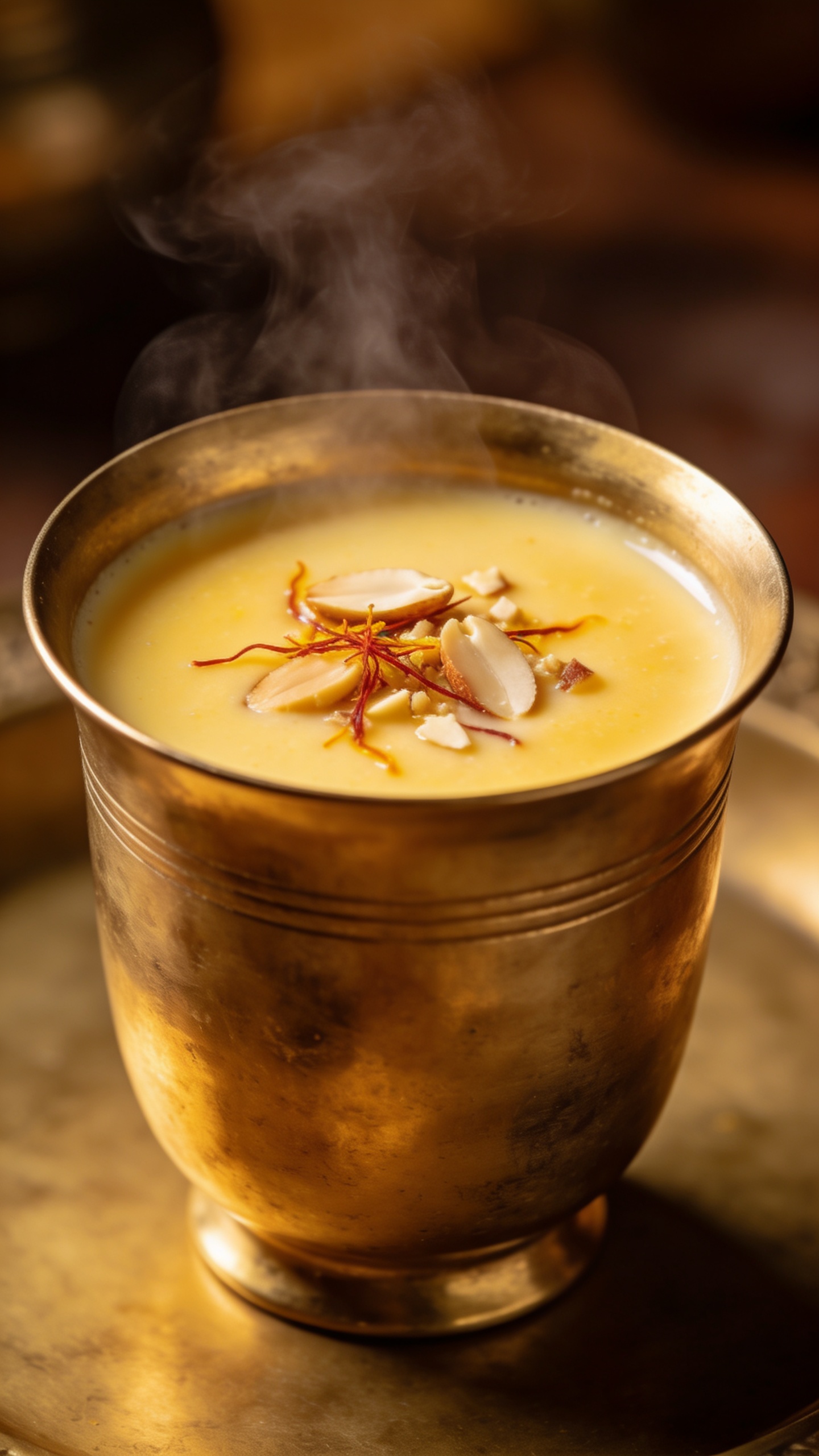 hot kesar badam milk in brass cup, steam rising