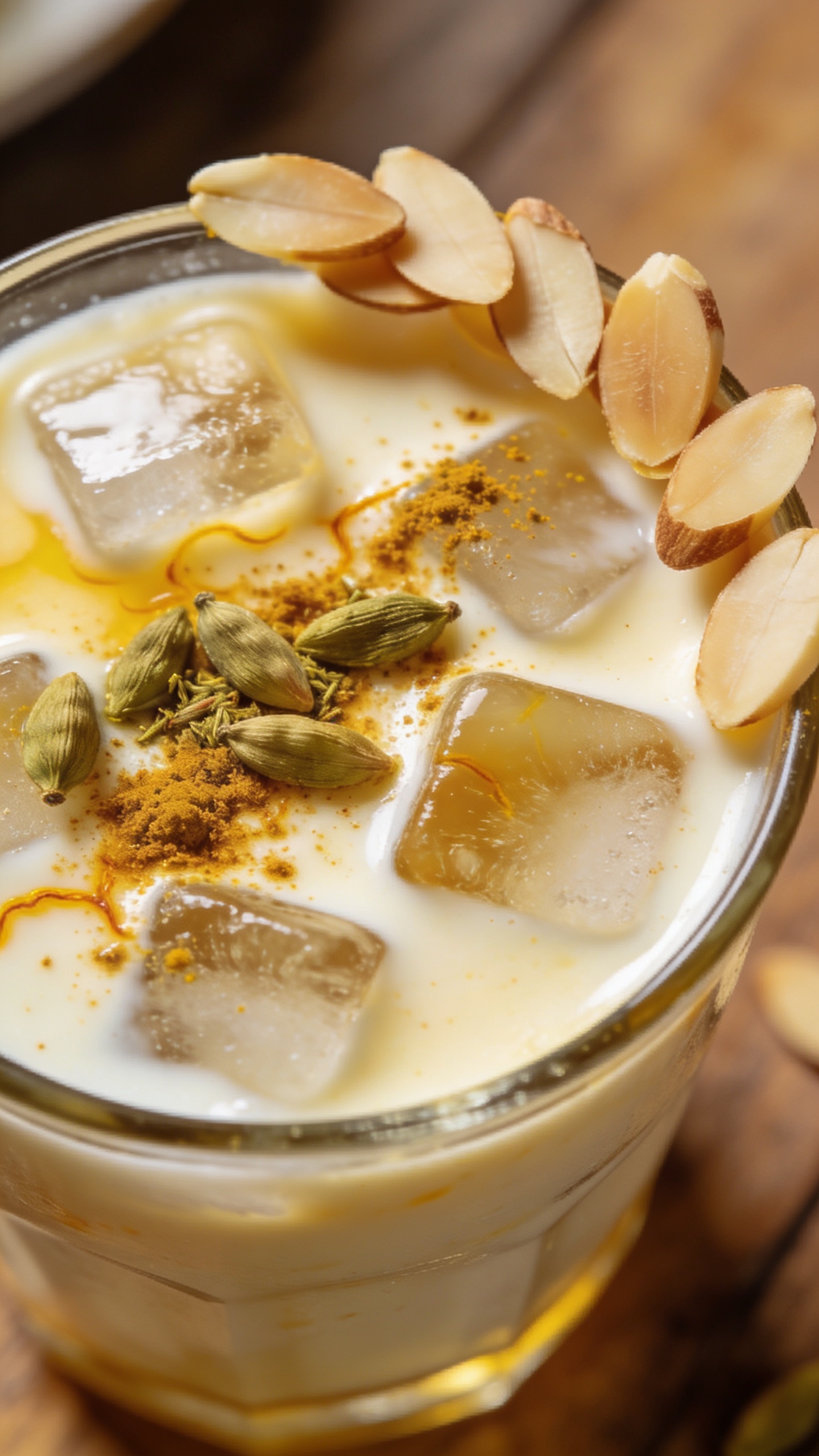 chilled saffron milk with ice, cardamom and almond garnish