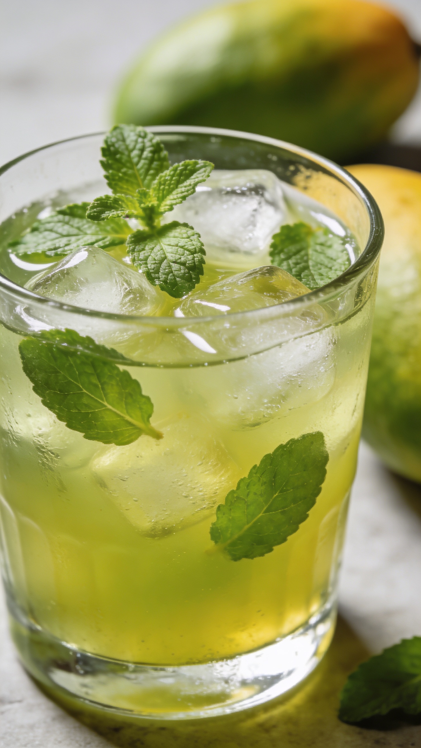 Aam Panna in clear glass with mint and ice
