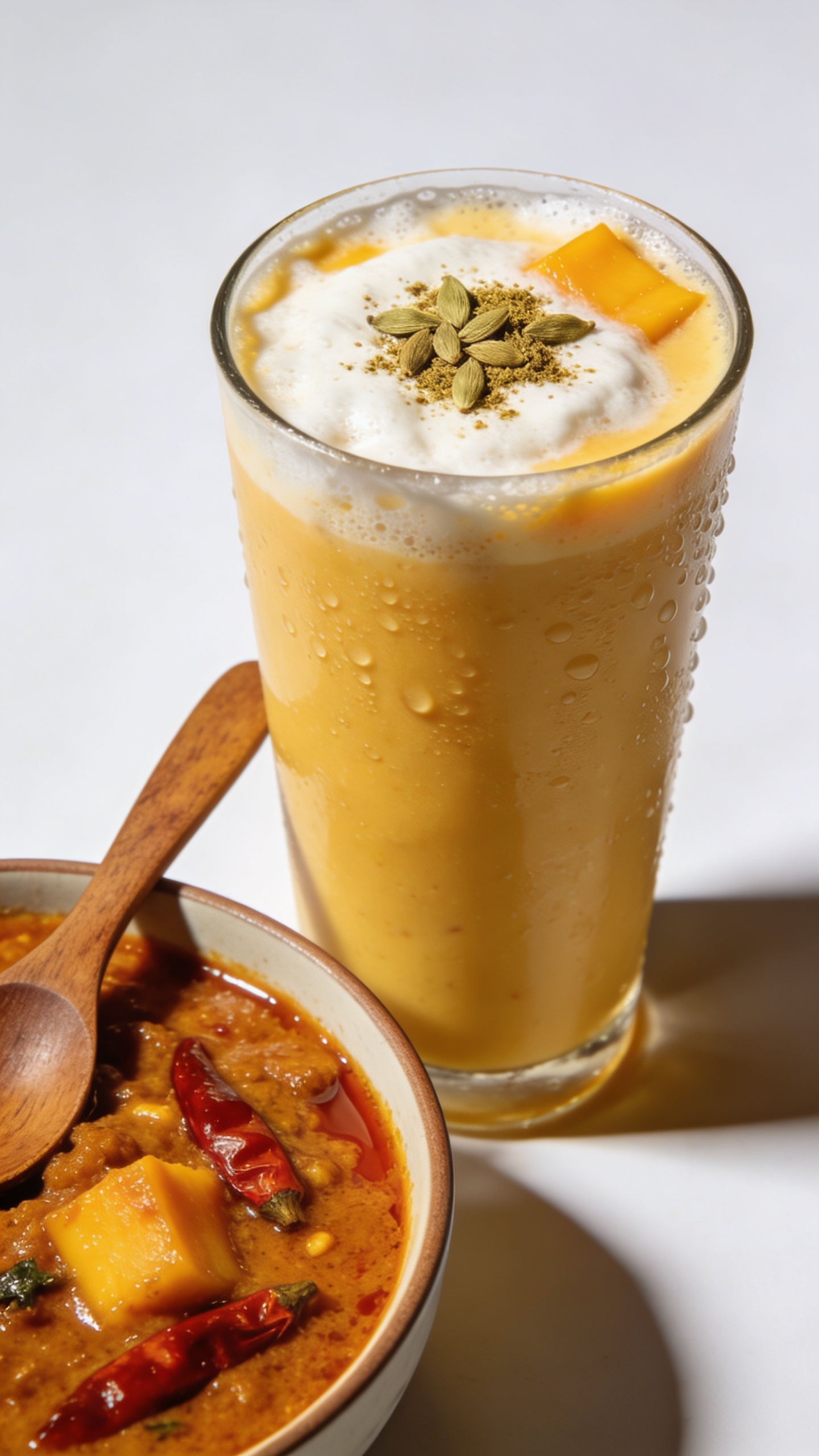 thick mango lassi next to spicy curry, studio lighting