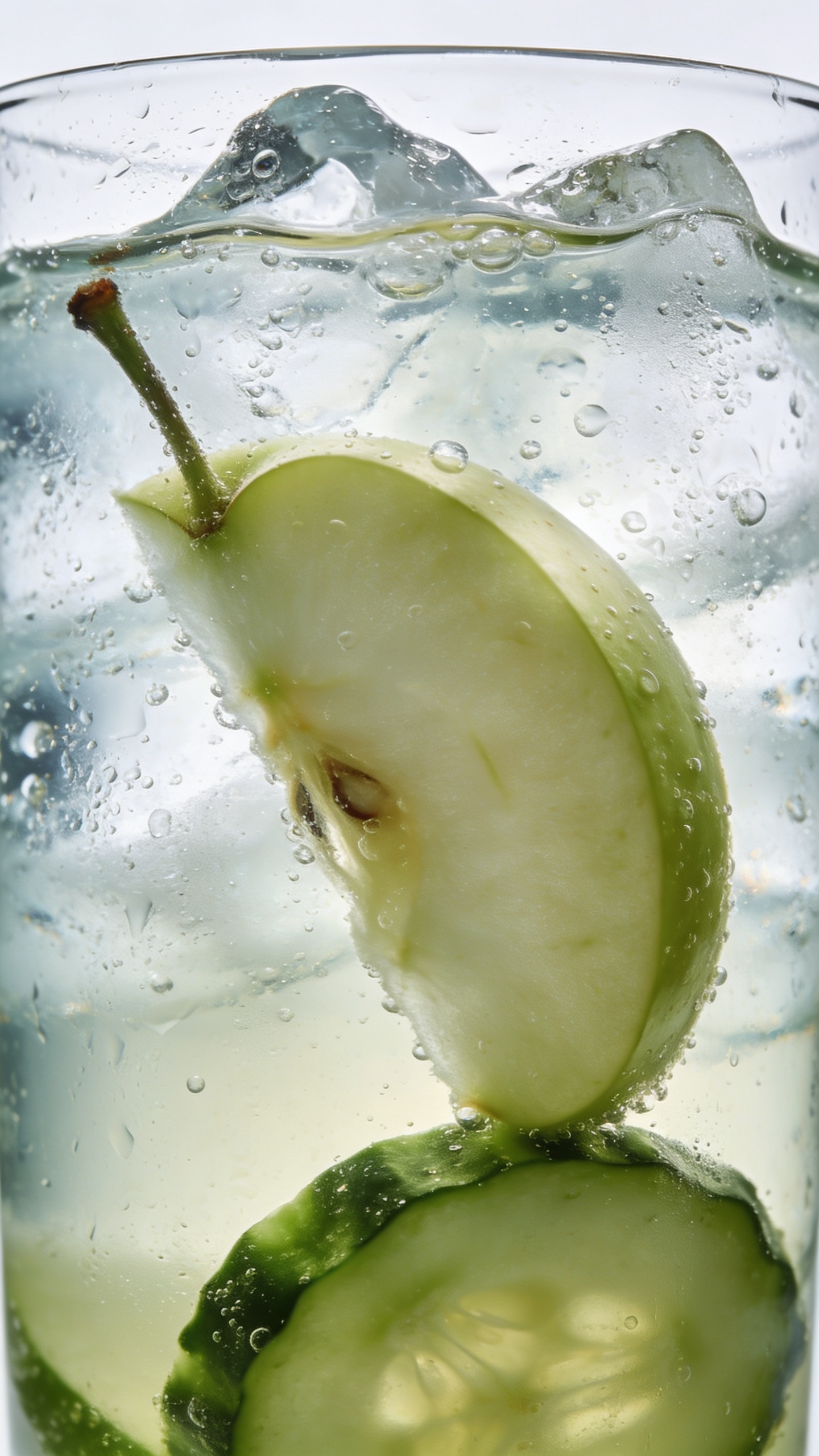 chilled apple cucumber juice in clear glass, condensation, white backdrop