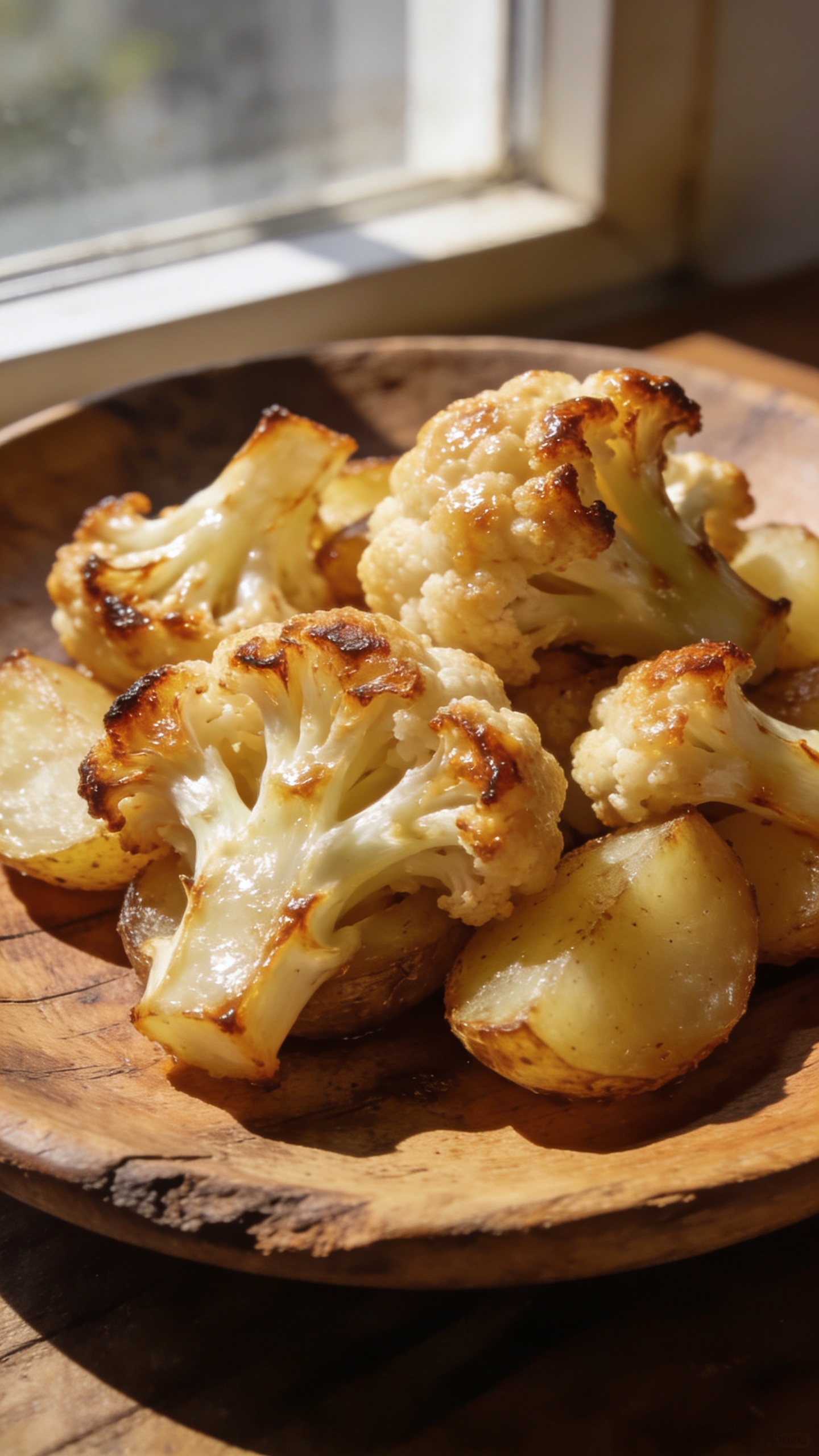 Caramelized cauliflower florets with potatoes, natural window light
