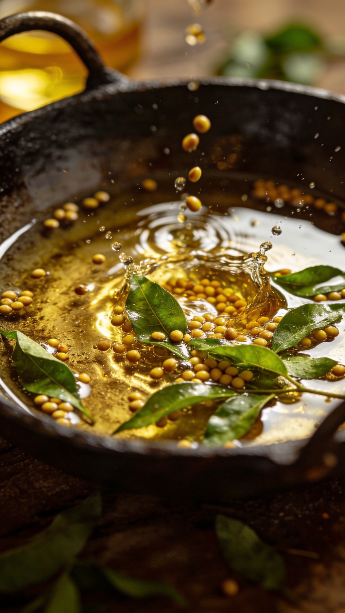 Mustard seeds and curry leaves blooming in coconut oil, skillet