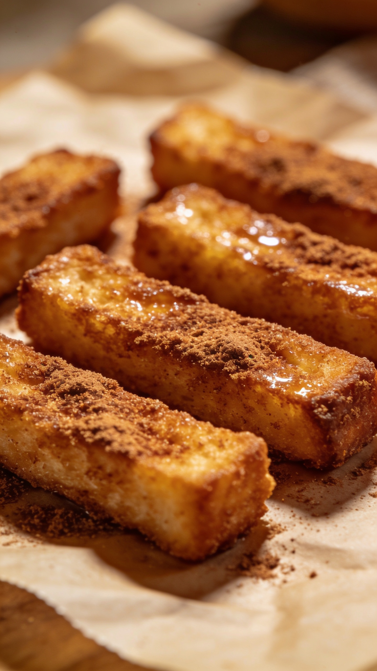 Crispy French toast sticks with cinnamon sugar on parchment