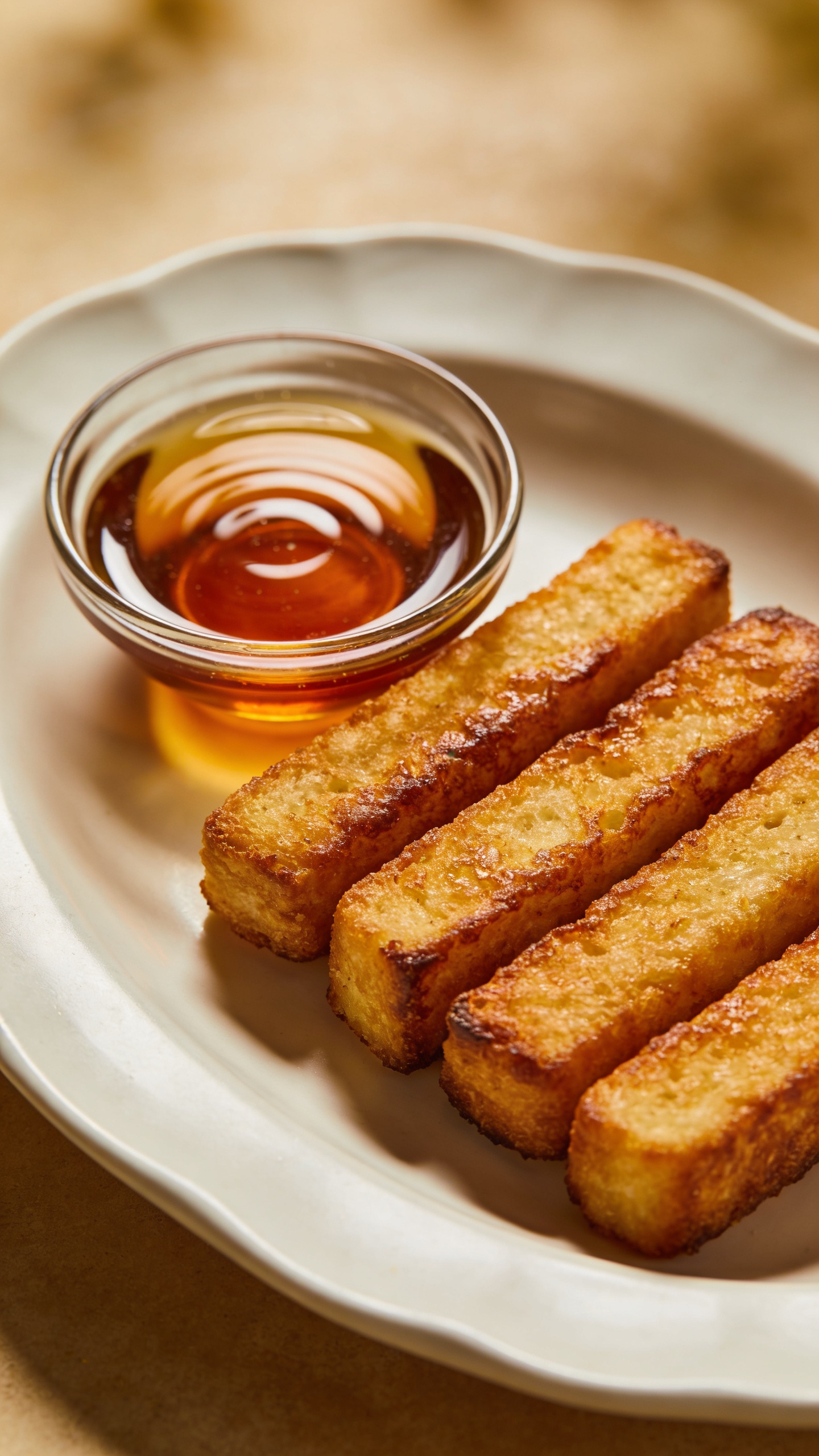 Golden French toast batons with maple syrup dip, overhead