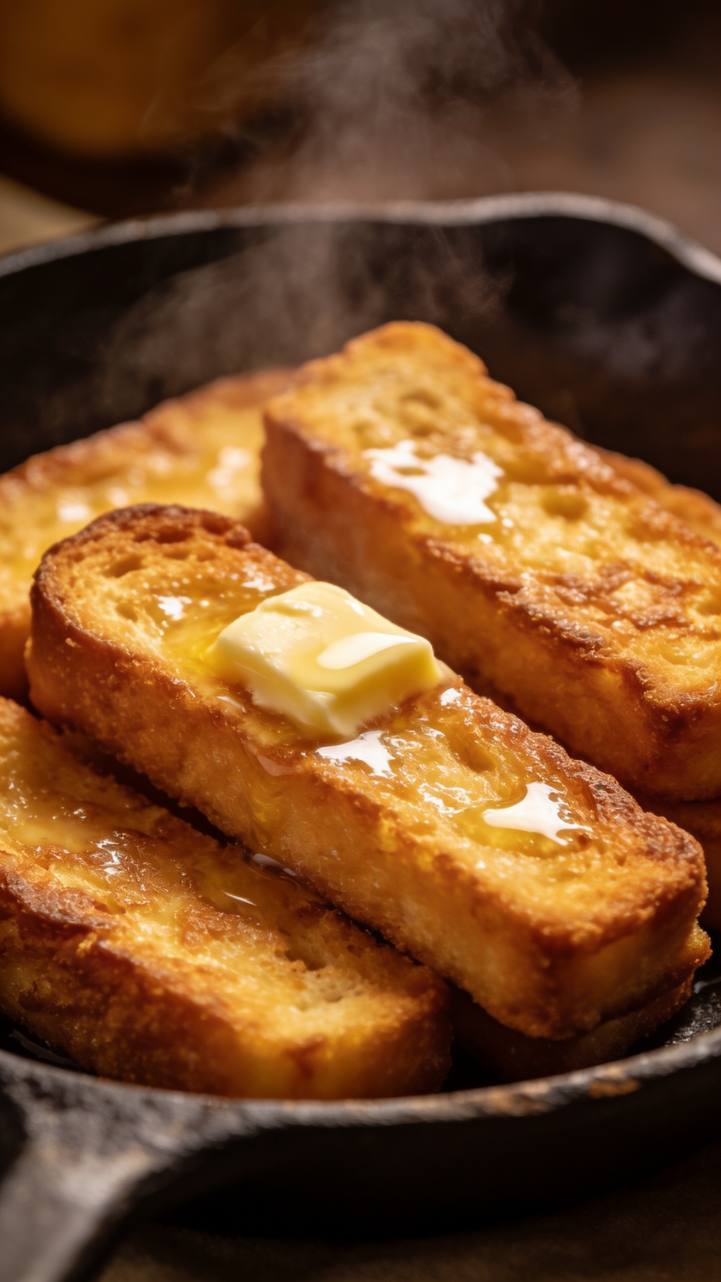 Buttery French toast sticks steaming on cast-iron skillet