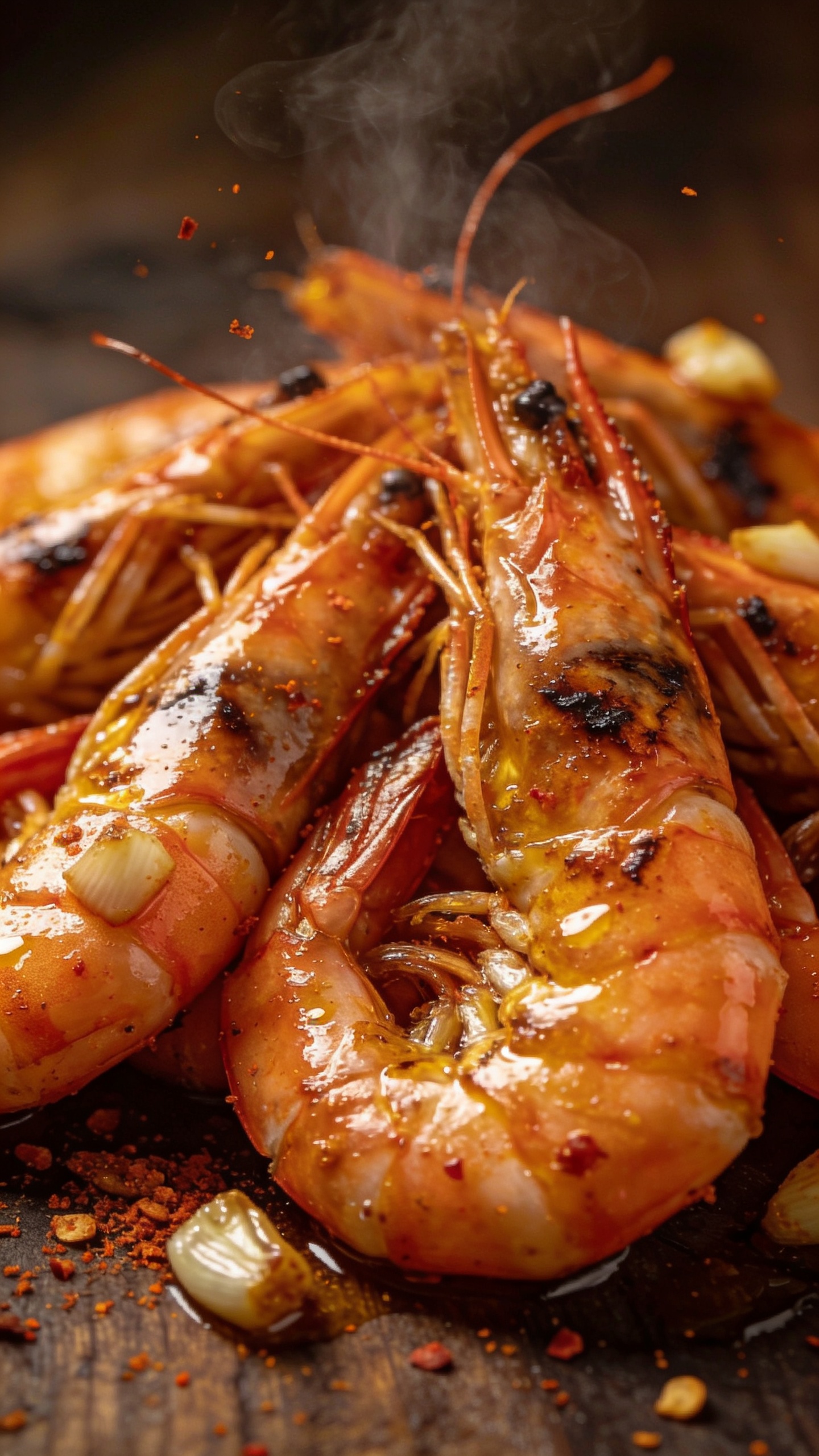 Close-up smoky Cajun shrimp glistening, garlic and paprika