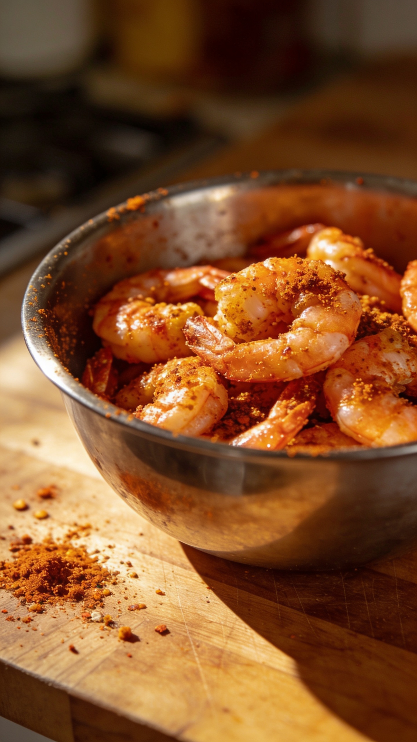 Shrimp tossed in Cajun seasoning in stainless mixing bowl
