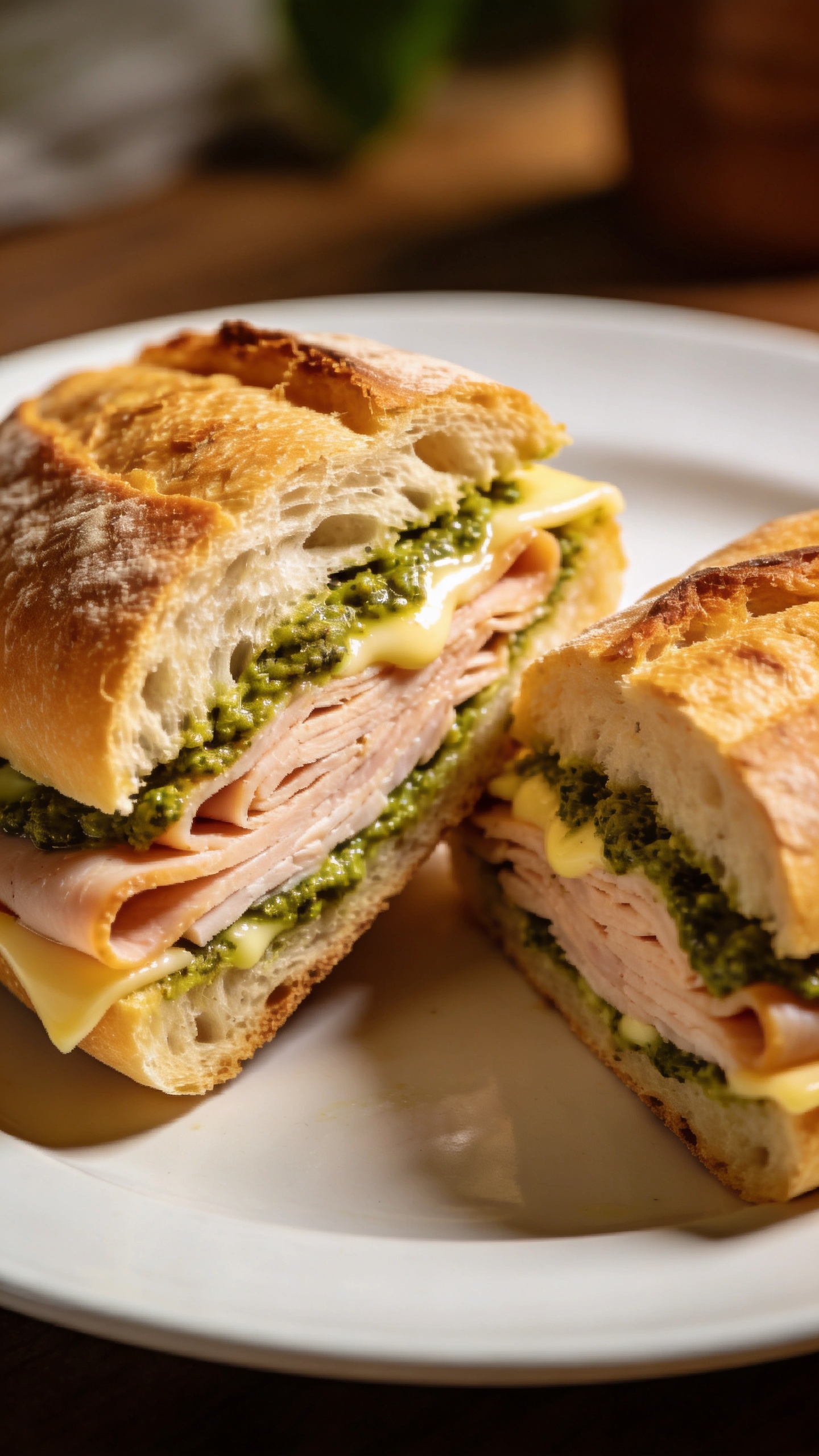 turkey pesto ciabatta sandwich, halved, on white plate