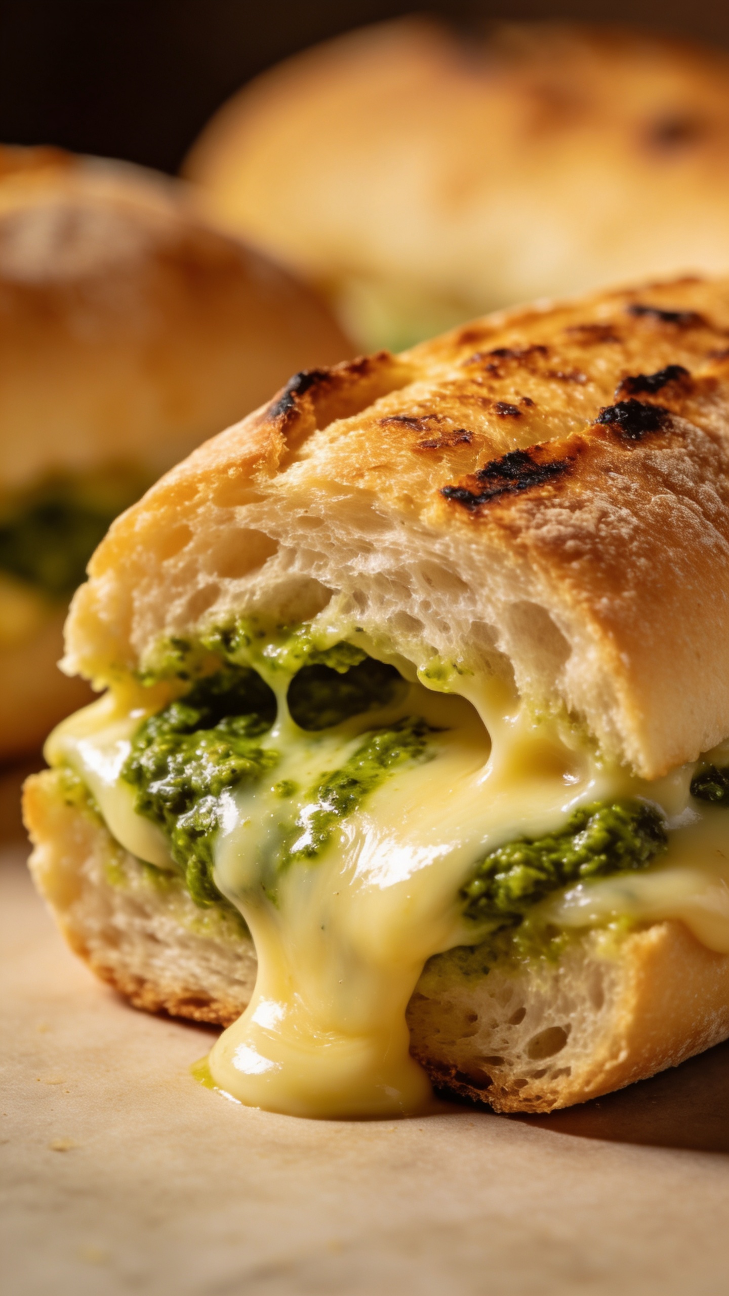 close-up melty provolone and pesto inside toasted ciabatta