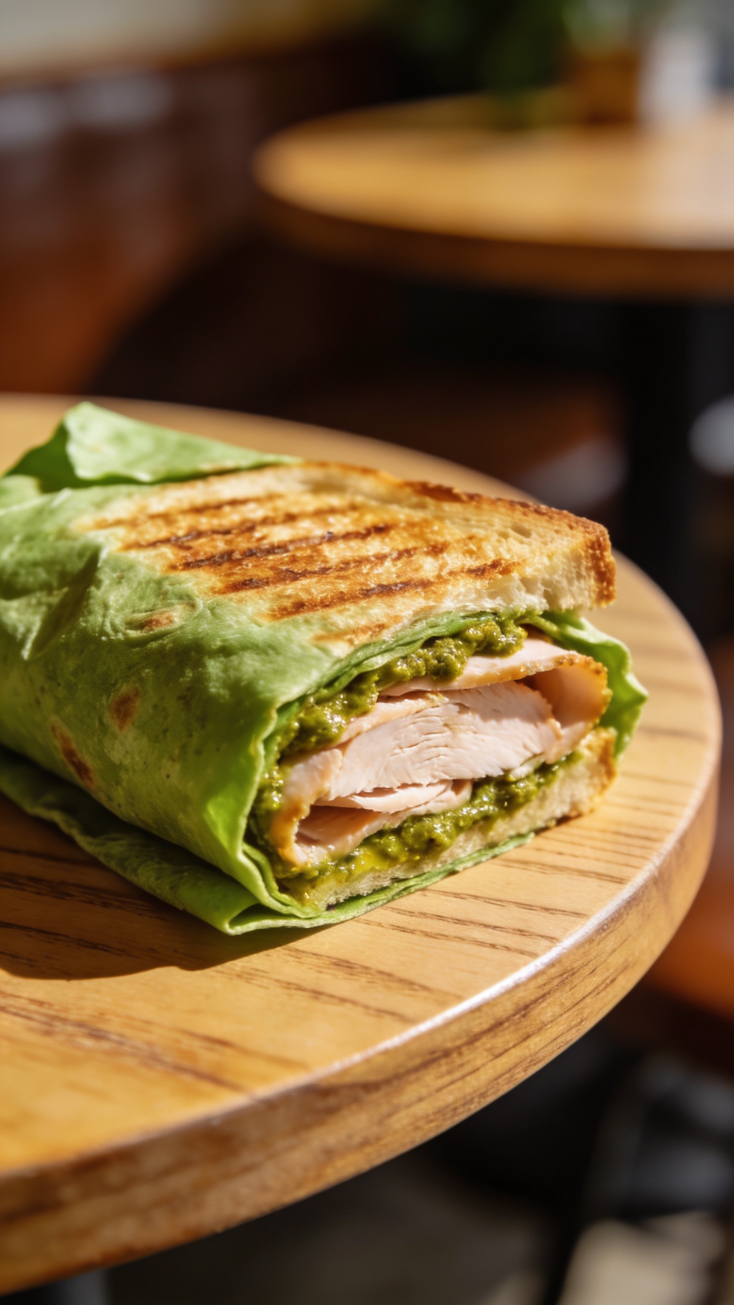toasted turkey pesto sandwich in green wrap on cafe table