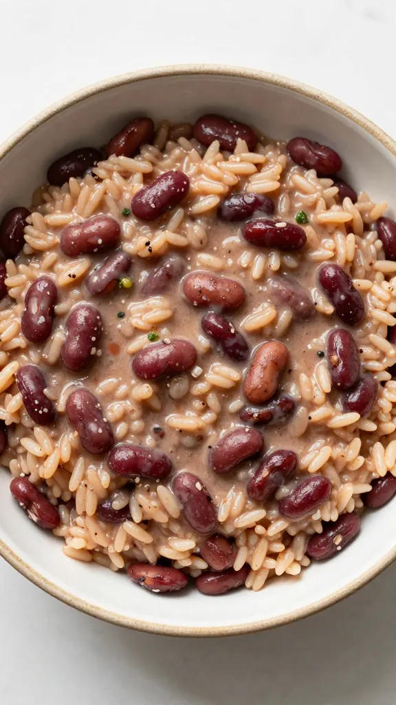 creamy red beans and rice in rustic bowl, overhead