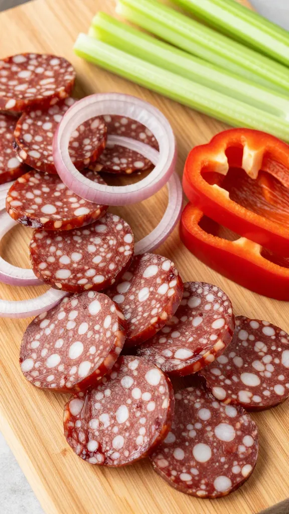 sliced andouille, onion, bell pepper, celery on cutting board