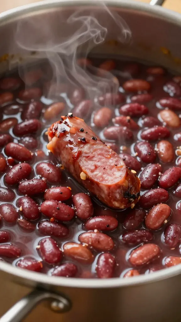 steamy pot of red beans with smoky sausage, close-up