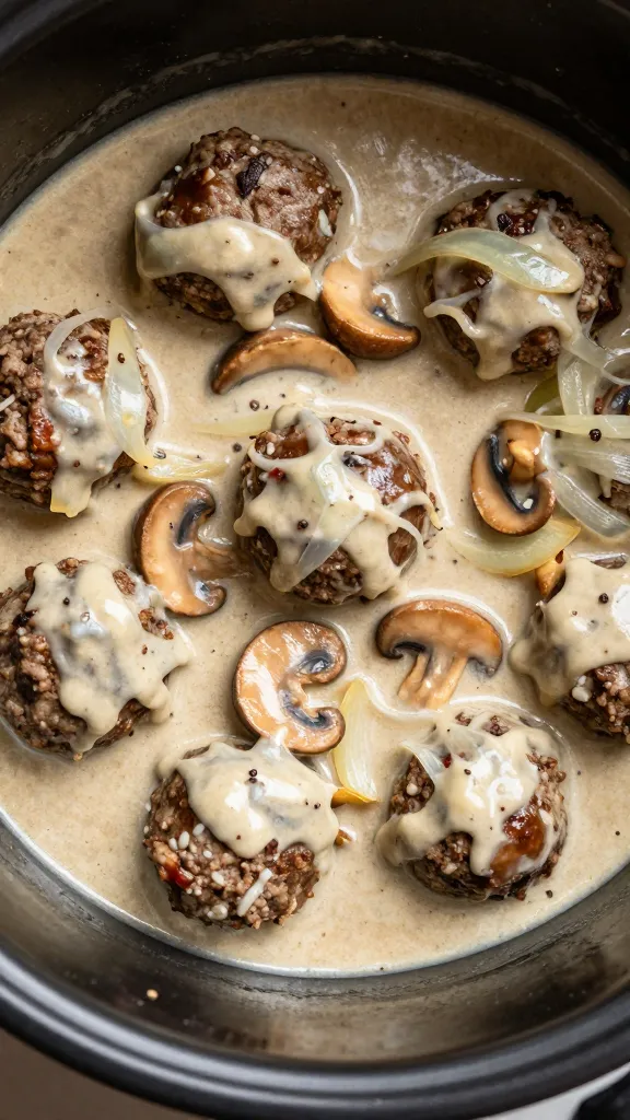 Crock pot Salisbury steak meatballs in onion-mushroom gravy