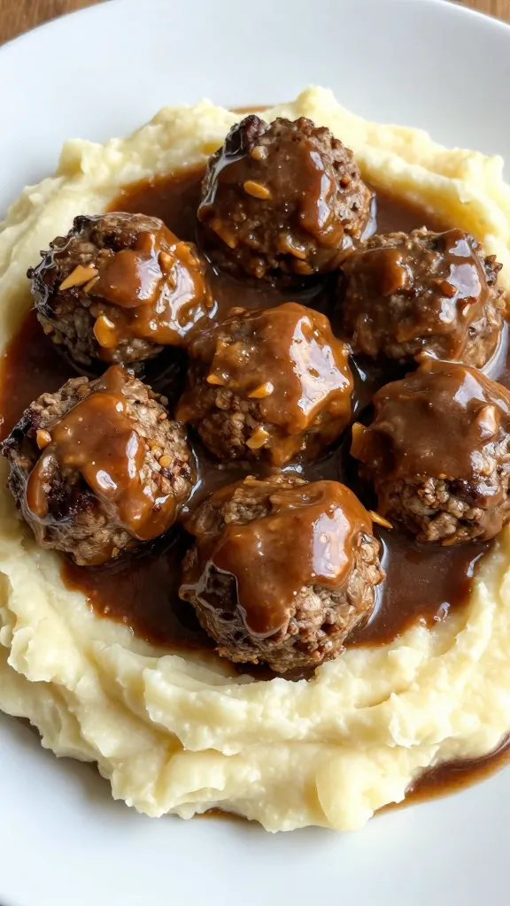 Meatballs over mashed potatoes, rich brown gravy drizzle