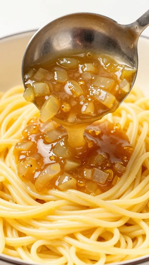Ladle scooping oniony gravy onto buttered egg noodles