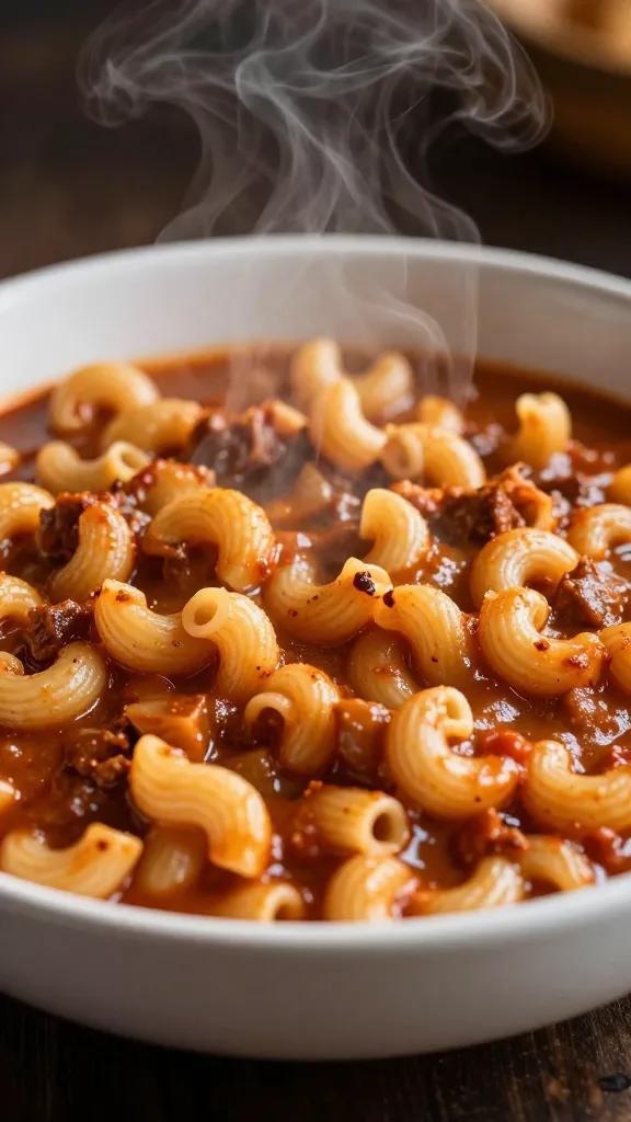 steaming bowl of American goulash with elbow macaroni