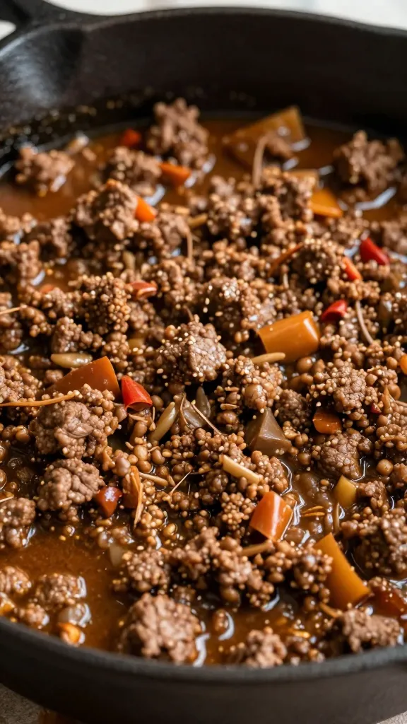 close-up of ground beef goulash in cast-iron pot