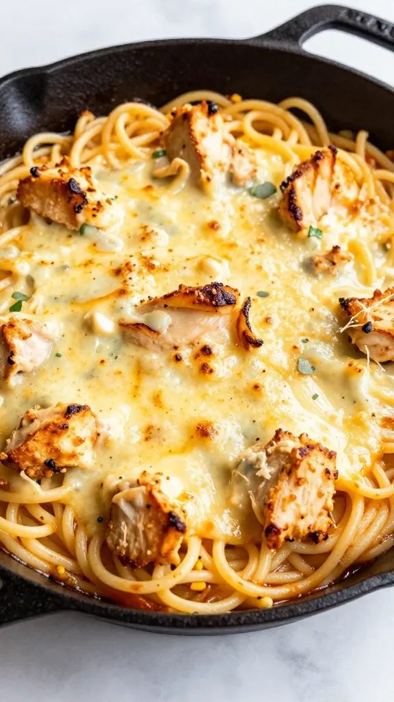 Cheesy chicken spaghetti bake in cast-iron skillet