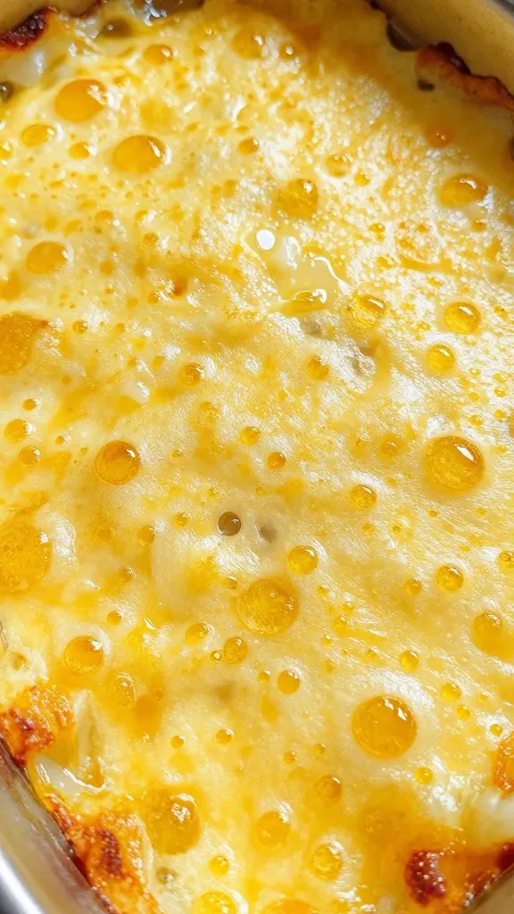 Golden bubbly casserole close-up with gooey cheese pull