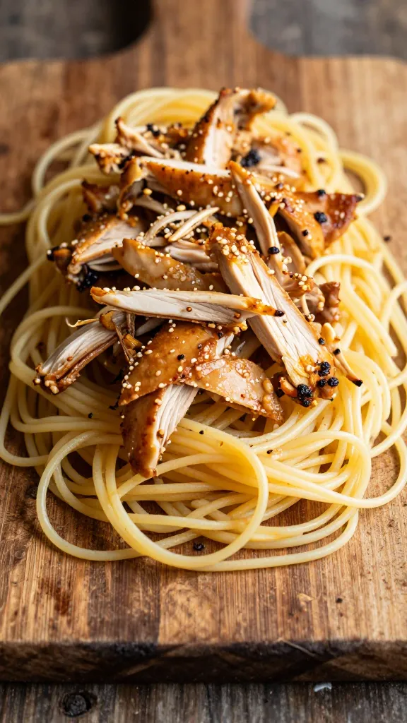 Shredded rotisserie chicken and dry spaghetti on rustic board