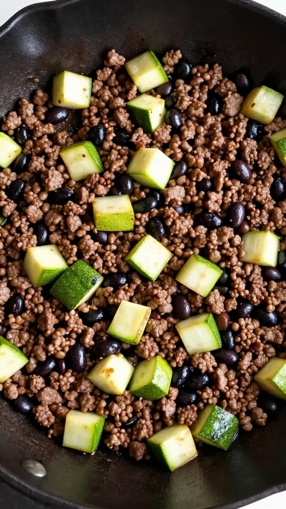 skillet ground beef with black beans and diced zucchini