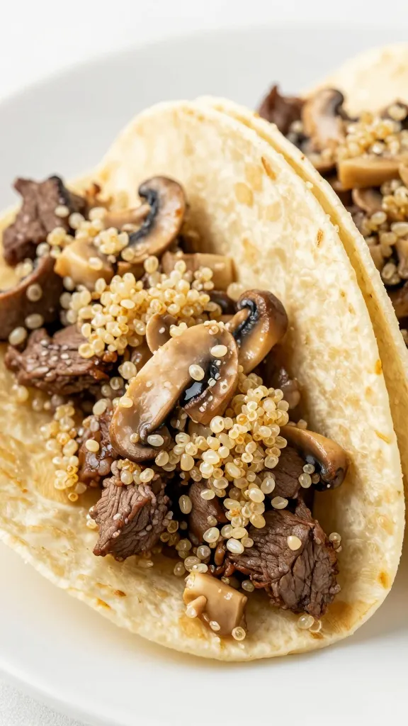 tacos with beef, quinoa, and finely chopped mushrooms