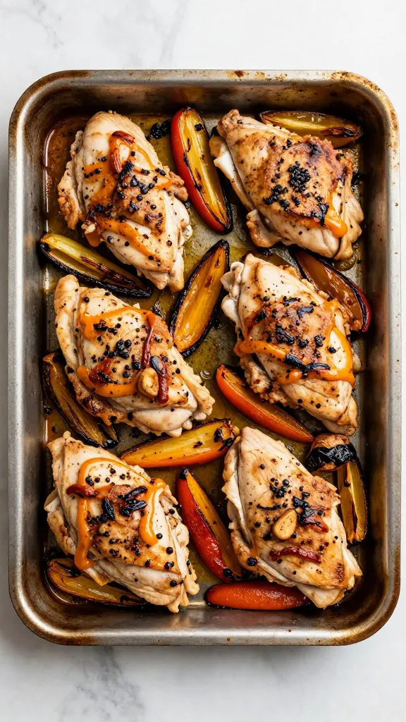 Sheet-pan chicken thighs with roasted veggies, minimal cleanup