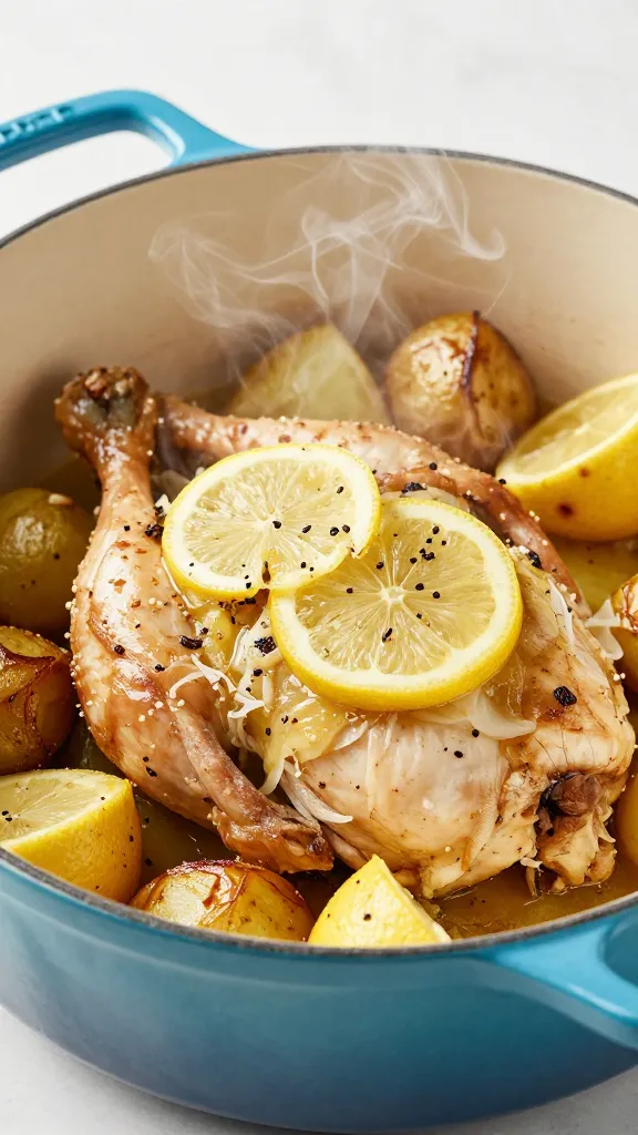 Dutch oven lemon garlic chicken, caramelized potatoes, steam rising