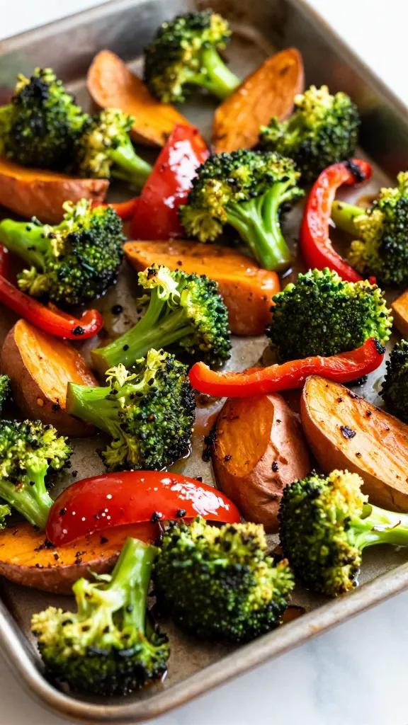 roasted broccoli, peppers, sweet potatoes on sheet pan