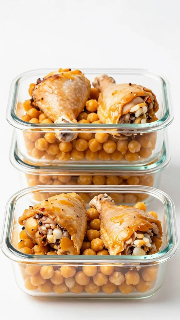 chicken thighs and chickpeas in glass meal prep containers